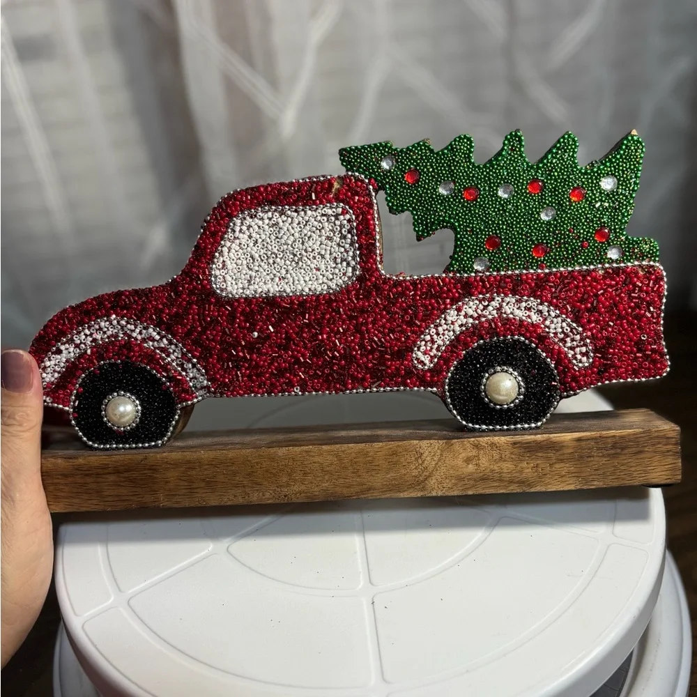 Festive Red Truck with Christmas Tree DecorHoliday Red Truck